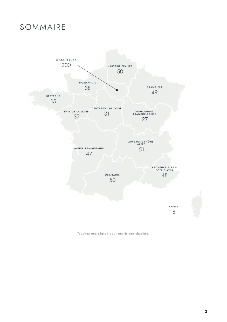 Page sommaire du guide avec une carte de France par régions