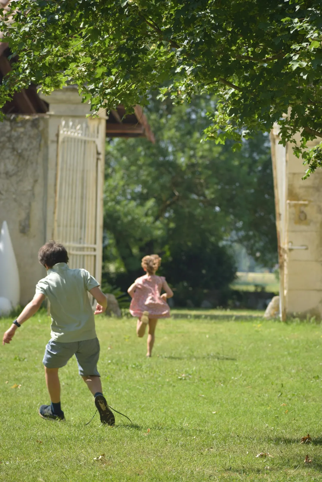 Deux enfants courent dans l'herbe d'un parc, vus de dos